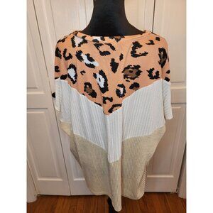 Haptics Holly Harper Color Block Leopard Waffle Knit Dolman Sleeve Top  3X Boho